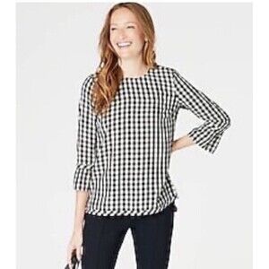 J JILL Medium Top Tunic Shirt Gingham Plaid Black White Bell Sleeve Fall Chic